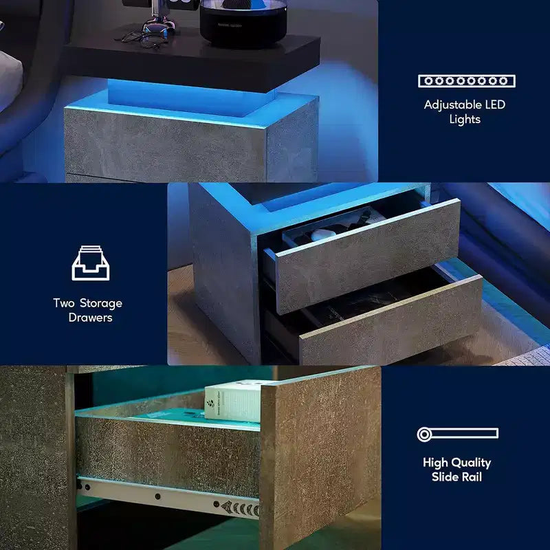Table de chevet moderne avec 2 tiroirs et lumière LED, table d'appoint de chambre à coucher et de salon