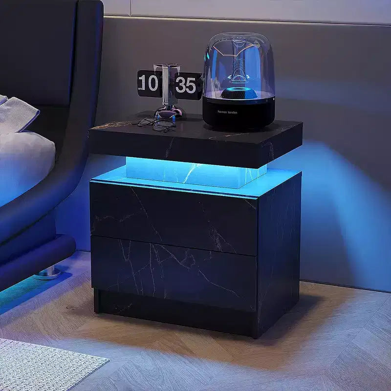 Modern Nightstand with 2 Drawers & LED light, Bedside Table Cabinet End Side for Bedroom Living Room