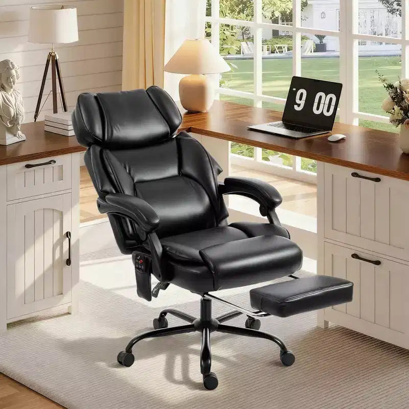 Chaise de bureau de massage vibrant à dossier haut, fauteuil d'ordinateur inclinable chauffant avec repose-pieds, appuie-tête réglable