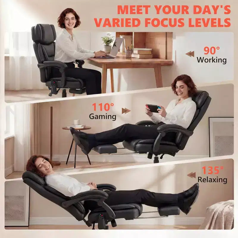 Chaise de bureau de massage vibrant à dossier haut, fauteuil d'ordinateur inclinable chauffant avec repose-pieds, appuie-tête réglable
