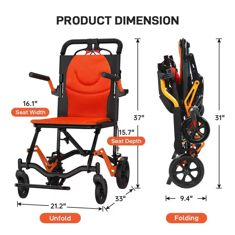 Fauteuil roulant de transport pliant ultra léger, supporte 100 kg, cadre en aluminium de 8 kg, siège de 41 cm, accoudoirs et repose-pieds amovibles, frein à main verrouillable