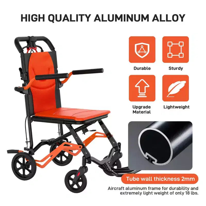 Fauteuil roulant de transport pliant ultra léger, supporte 100 kg, cadre en aluminium de 8 kg, siège de 41 cm, accoudoirs et repose-pieds amovibles, frein à main verrouillable