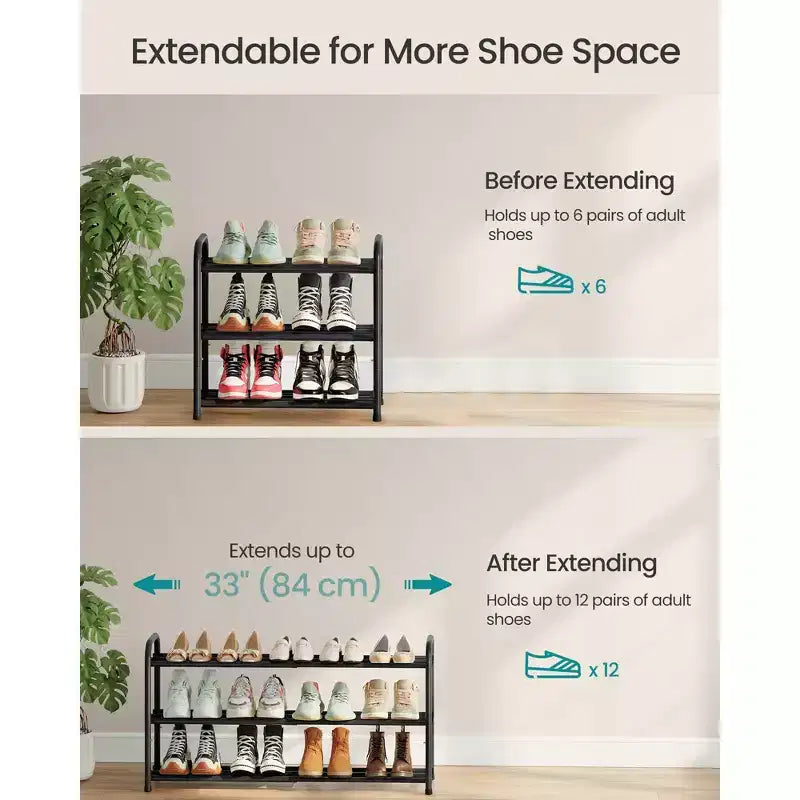 Étagère à chaussures extensible, organiseur de chaussures réglable, robuste et résistant, pour placard, entrée, salon, 3 niveaux, noir encre