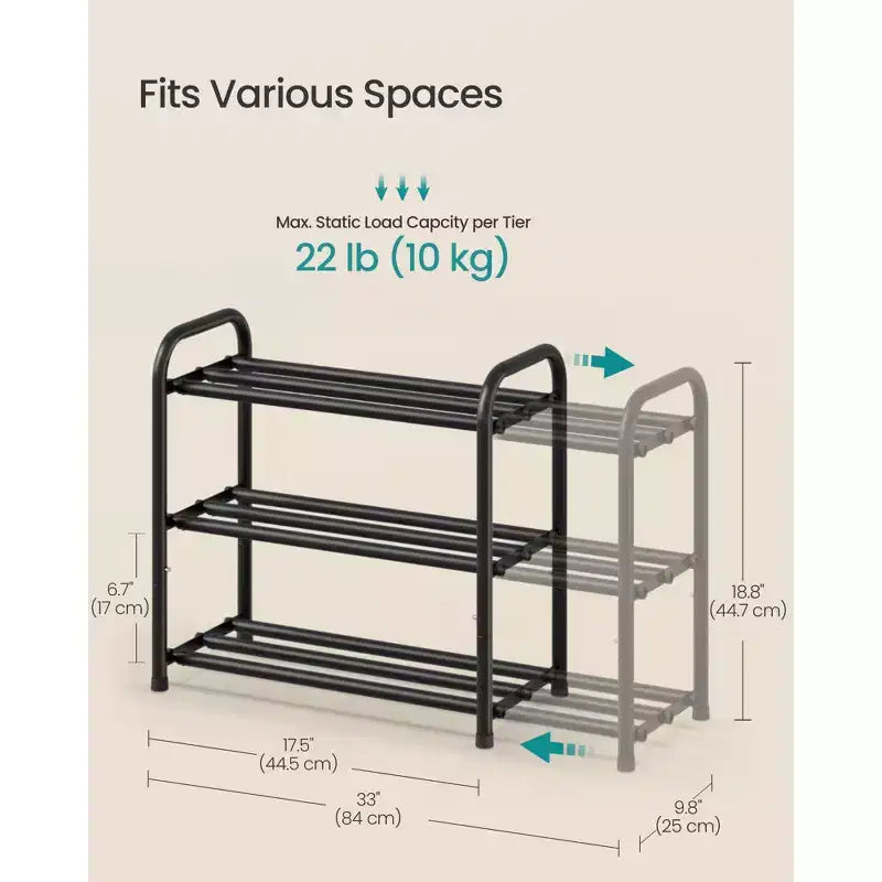 Étagère à chaussures extensible, organiseur de chaussures réglable, robuste et résistant, pour placard, entrée, salon, 3 niveaux, noir encre