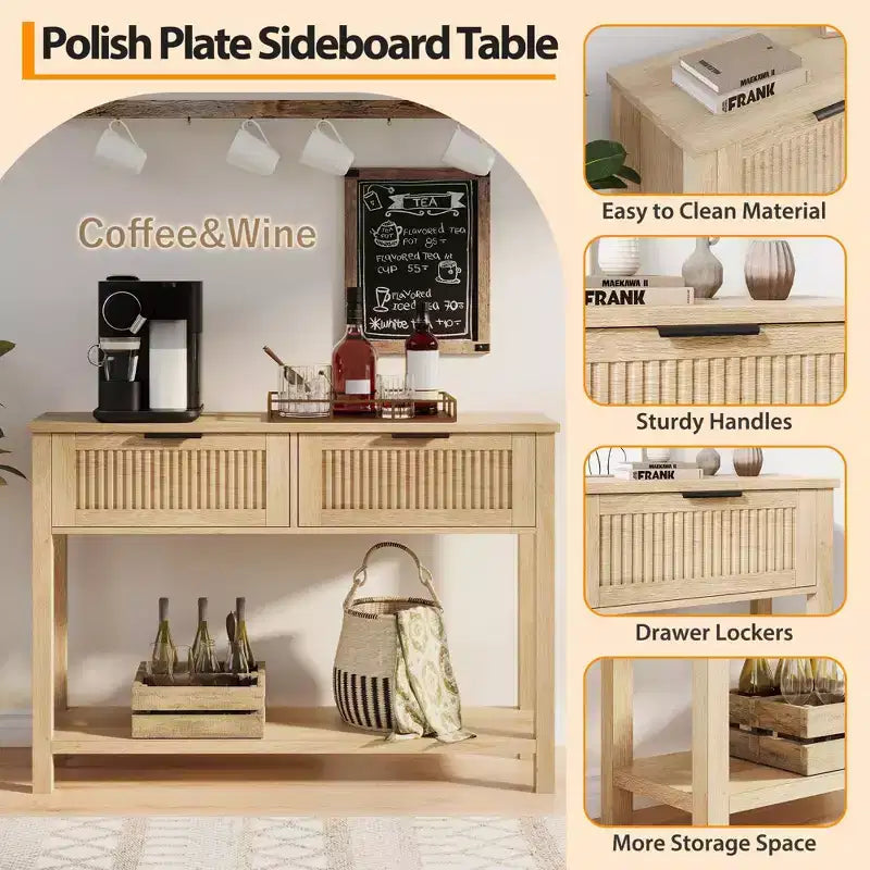 Table console pour canapé, table d'entrée à 2 tiroirs avec surface en bois, étagère ouverte, rangement derrière le canapé, dans l'entrée ou le couloir, naturelle