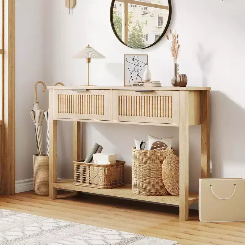 Table console pour canapé, table d'entrée à 2 tiroirs avec surface en bois, étagère ouverte, rangement derrière le canapé, dans l'entrée ou le couloir, naturelle