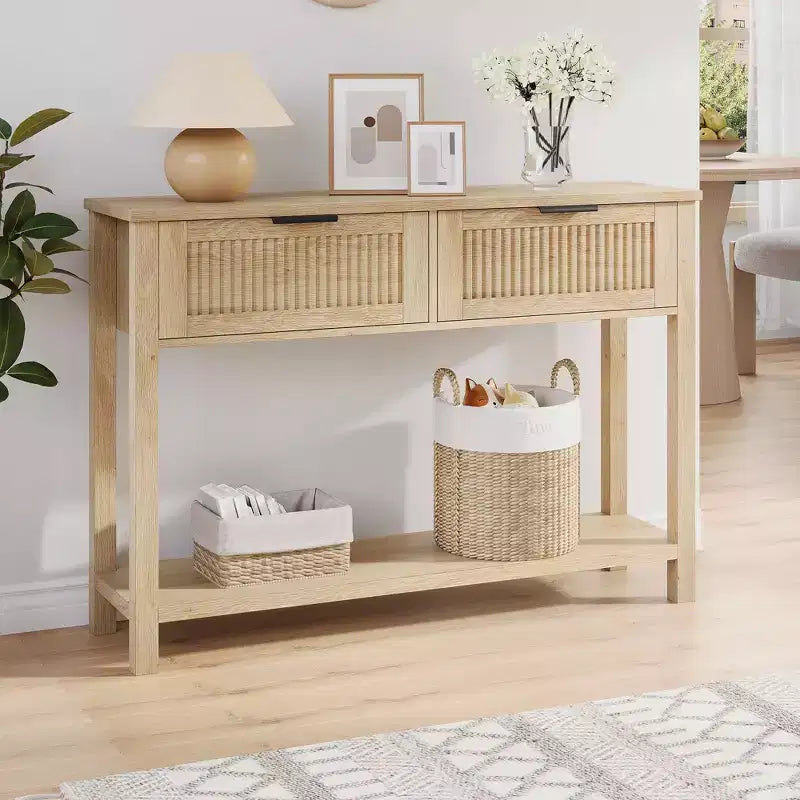 Table console pour canapé, table d'entrée à 2 tiroirs avec surface en bois, étagère ouverte, rangement derrière le canapé, dans l'entrée ou le couloir, naturelle