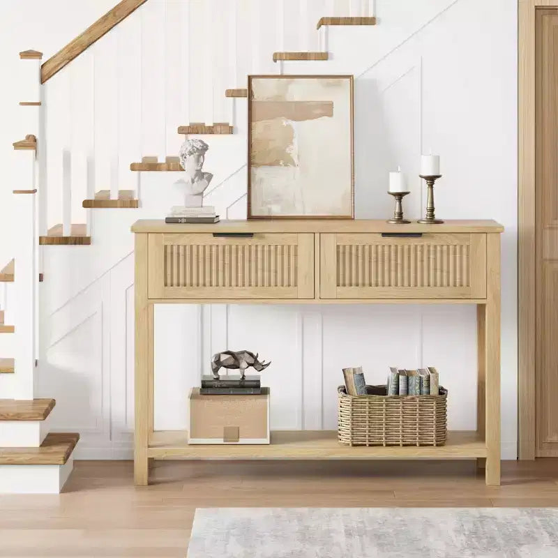 Table console pour canapé, table d'entrée à 2 tiroirs avec surface en bois, étagère ouverte, rangement derrière le canapé, dans l'entrée ou le couloir, naturelle