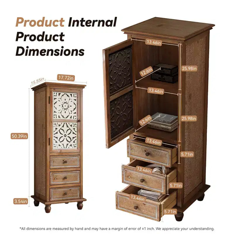 Meuble de rangement haut rustique avec porte et tiroirs à découpe florale