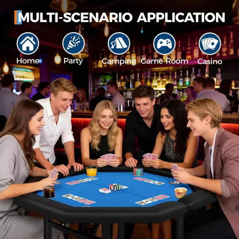 Table de poker octogonale pliante de 48 pouces avec rails rembourrés, porte-gobelets en acier inoxydable, pieds repliables pour 8 joueurs de Texas Hold'em
