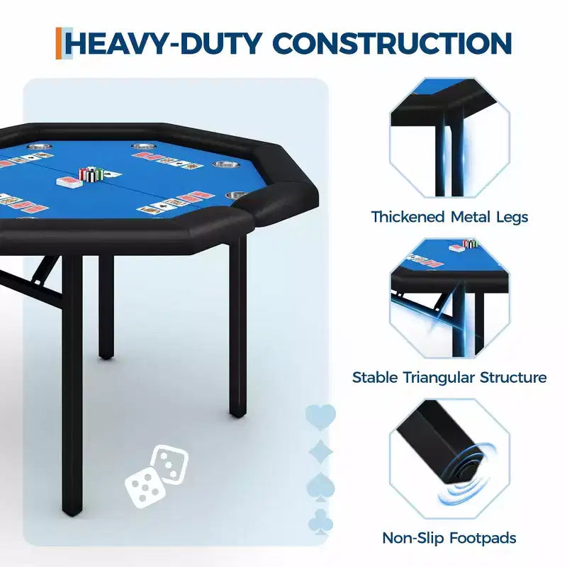 Table de poker octogonale pliante de 48 pouces avec rails rembourrés, porte-gobelets en acier inoxydable, pieds repliables pour 8 joueurs de Texas Hold'em