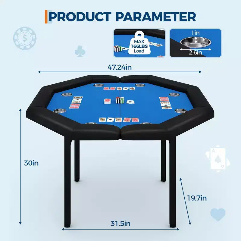Table de poker octogonale pliante de 48 pouces avec rails rembourrés, porte-gobelets en acier inoxydable, pieds repliables pour 8 joueurs de Texas Hold'em