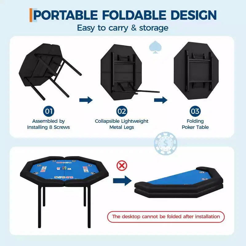 Table de poker octogonale pliante de 48 pouces avec rails rembourrés, porte-gobelets en acier inoxydable, pieds repliables pour 8 joueurs de Texas Hold'em