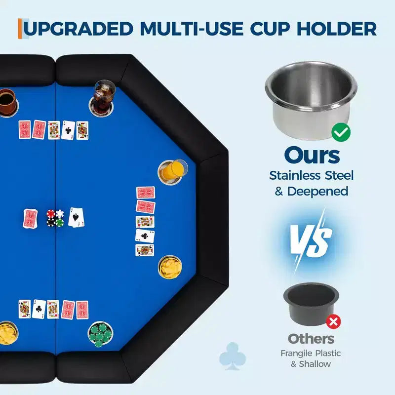Table de poker octogonale pliante de 48 pouces avec rails rembourrés, porte-gobelets en acier inoxydable, pieds repliables pour 8 joueurs de Texas Hold'em