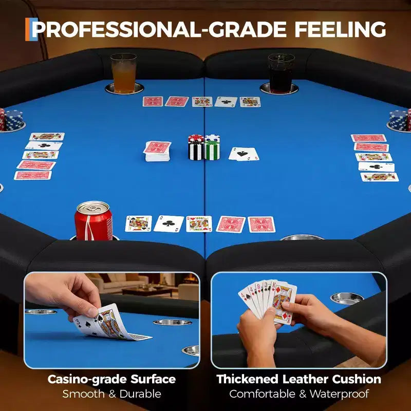 Table de poker octogonale pliante de 48 pouces avec rails rembourrés, porte-gobelets en acier inoxydable, pieds repliables pour 8 joueurs de Texas Hold'em
