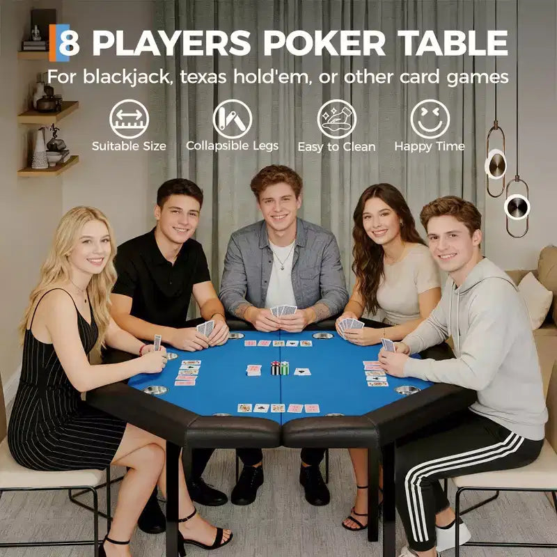 Table de poker octogonale pliante de 48 pouces avec rails rembourrés, porte-gobelets en acier inoxydable, pieds repliables pour 8 joueurs de Texas Hold'em