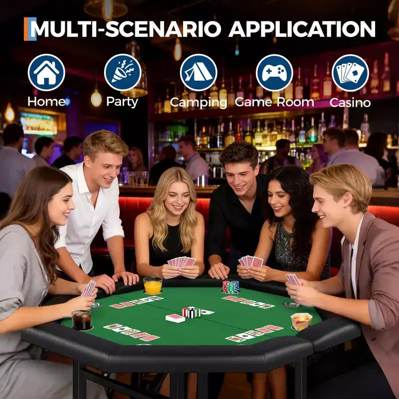 Table de poker octogonale pliante de 48 pouces avec rails rembourrés, porte-gobelets en acier inoxydable, pieds repliables pour 8 joueurs de Texas Hold'em