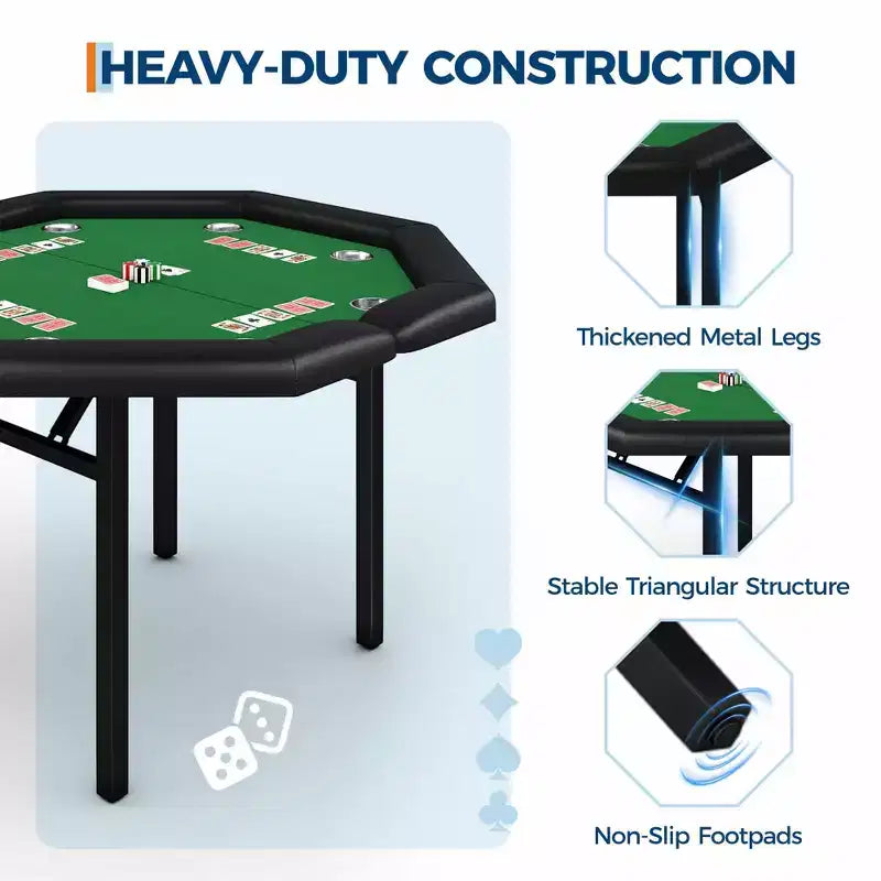 Table de poker octogonale pliante de 48 pouces avec rails rembourrés, porte-gobelets en acier inoxydable, pieds repliables pour 8 joueurs de Texas Hold'em