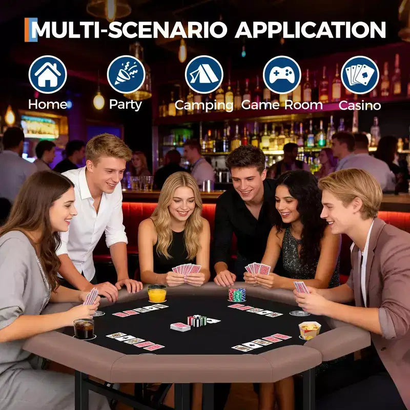 Table de poker octogonale pliante de 48 pouces avec rails rembourrés, porte-gobelets en acier inoxydable, pieds repliables pour 8 joueurs de Texas Hold'em