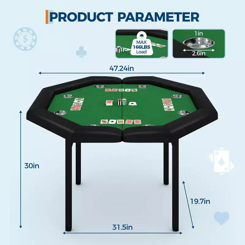 Table de poker octogonale pliante de 48 pouces avec rails rembourrés, porte-gobelets en acier inoxydable, pieds repliables pour 8 joueurs de Texas Hold'em