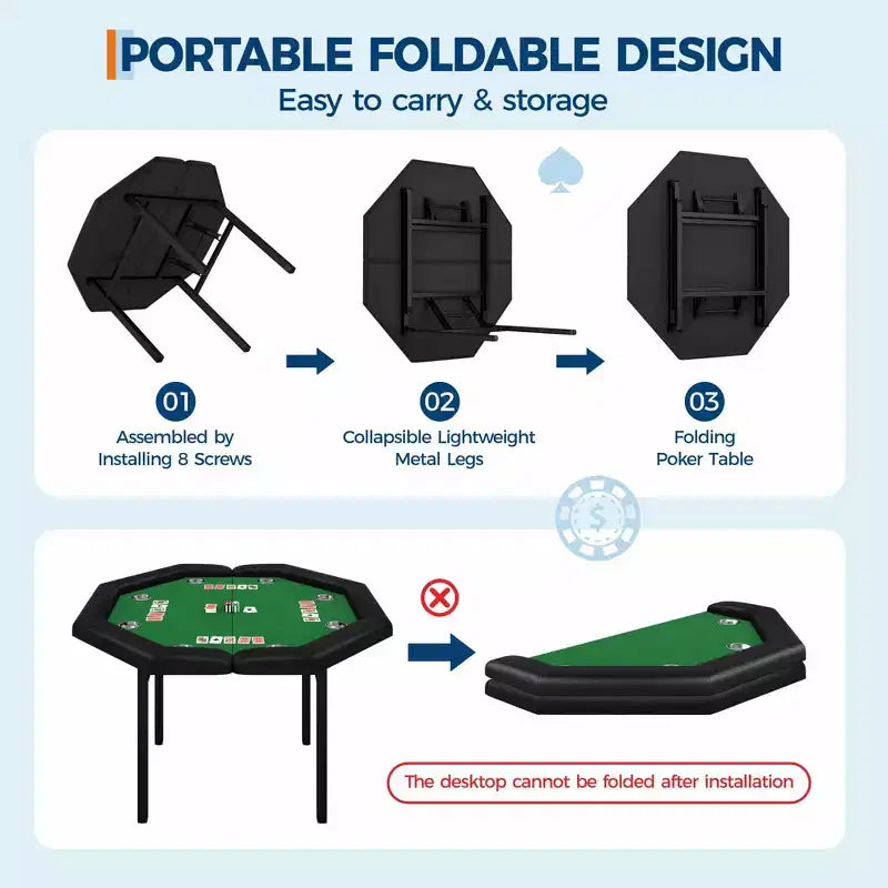 Table de poker octogonale pliante de 48 pouces avec rails rembourrés, porte-gobelets en acier inoxydable, pieds repliables pour 8 joueurs de Texas Hold'em