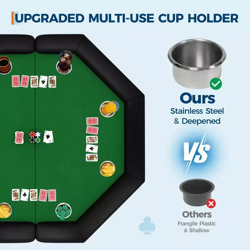 Table de poker octogonale pliante de 48 pouces avec rails rembourrés, porte-gobelets en acier inoxydable, pieds repliables pour 8 joueurs de Texas Hold'em