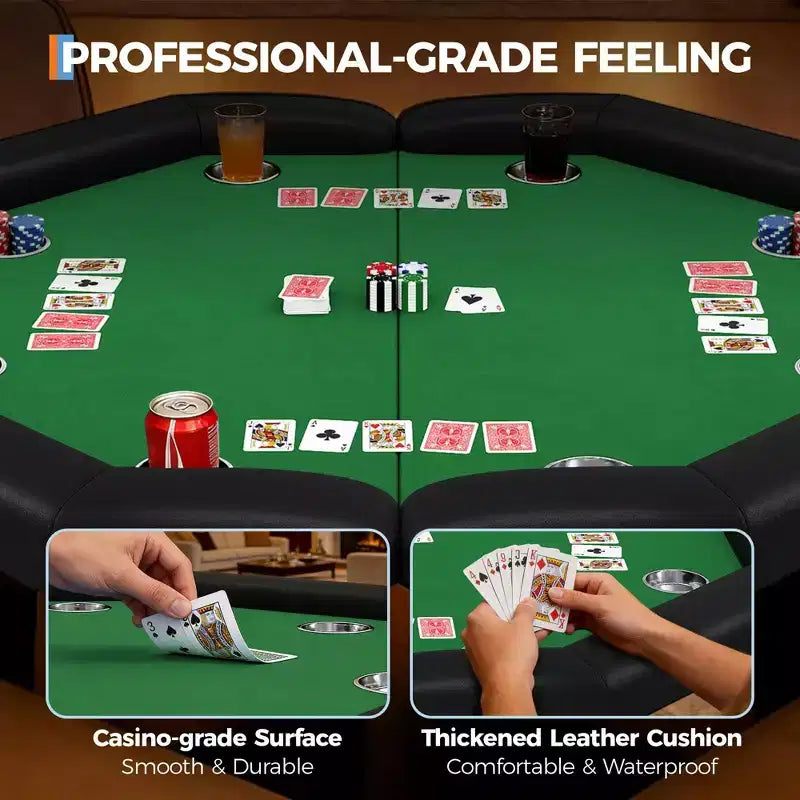 Table de poker octogonale pliante de 48 pouces avec rails rembourrés, porte-gobelets en acier inoxydable, pieds repliables pour 8 joueurs de Texas Hold'em