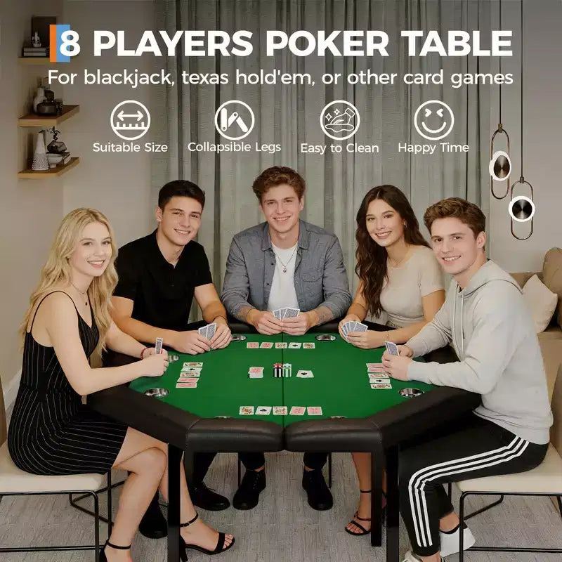 Table de poker octogonale pliante de 48 pouces avec rails rembourrés, porte-gobelets en acier inoxydable, pieds repliables pour 8 joueurs de Texas Hold'em