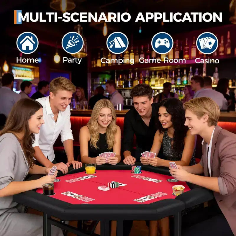Table de poker octogonale pliante de 48 pouces avec rails rembourrés, porte-gobelets en acier inoxydable, pieds repliables pour 8 joueurs de Texas Hold'em