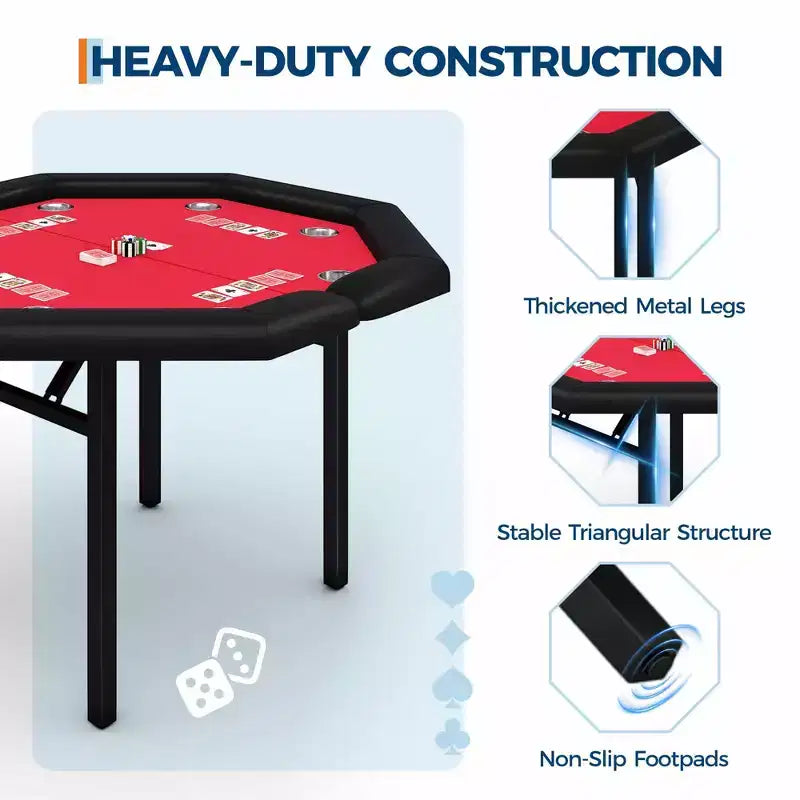 Table de poker octogonale pliante de 48 pouces avec rails rembourrés, porte-gobelets en acier inoxydable, pieds repliables pour 8 joueurs de Texas Hold'em