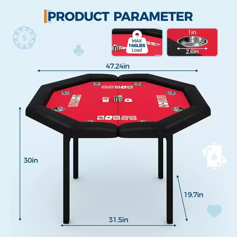 Table de poker octogonale pliante de 48 pouces avec rails rembourrés, porte-gobelets en acier inoxydable, pieds repliables pour 8 joueurs de Texas Hold'em