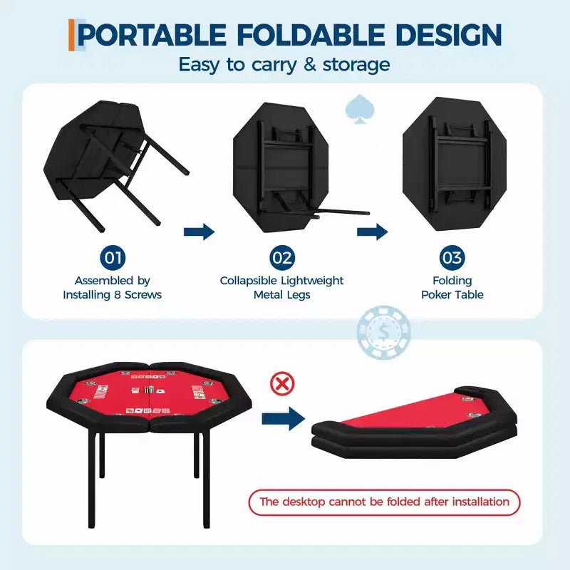 Table de poker octogonale pliante de 48 pouces avec rails rembourrés, porte-gobelets en acier inoxydable, pieds repliables pour 8 joueurs de Texas Hold'em