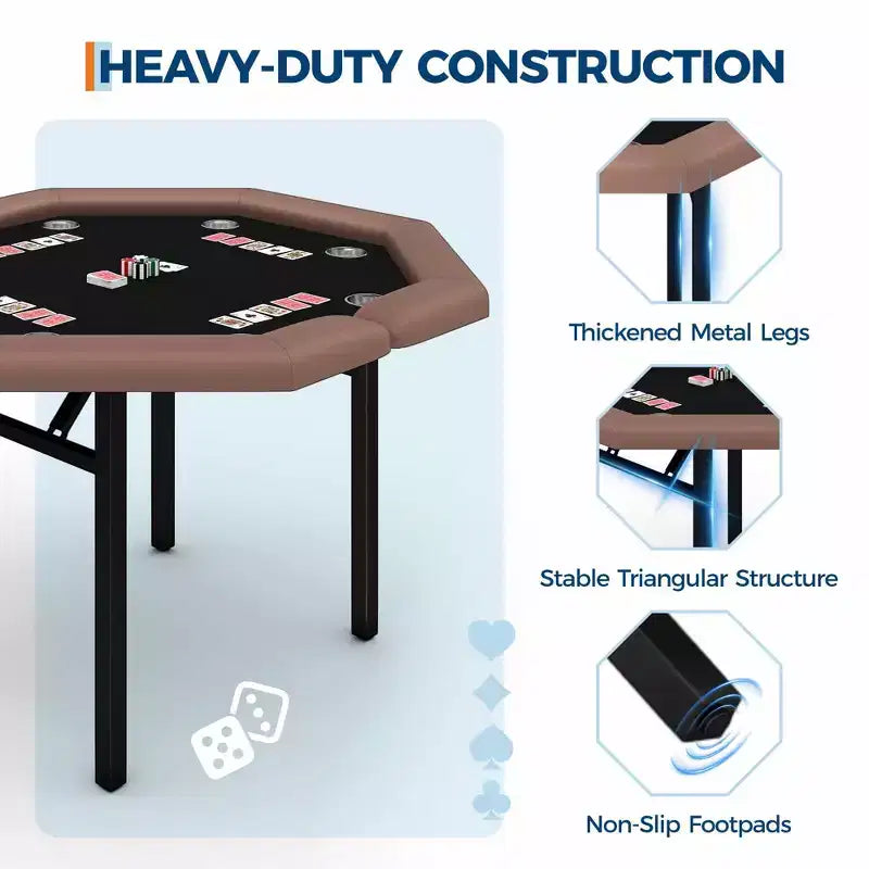 Table de poker octogonale pliante de 48 pouces avec rails rembourrés, porte-gobelets en acier inoxydable, pieds repliables pour 8 joueurs de Texas Hold'em