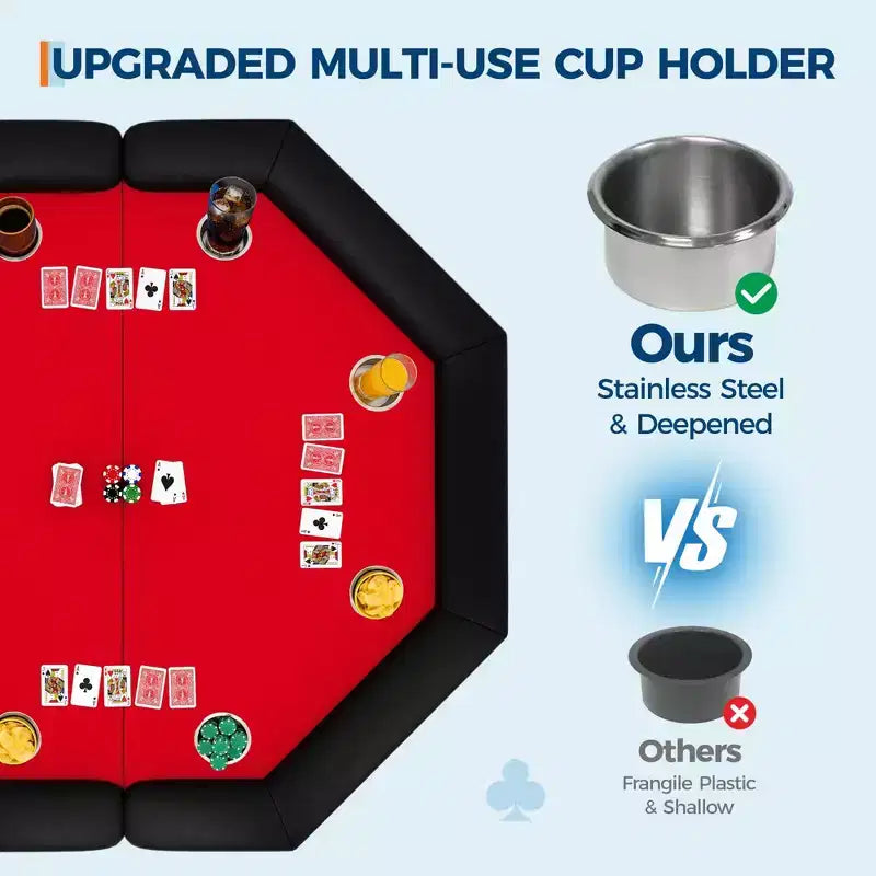 Table de poker octogonale pliante de 48 pouces avec rails rembourrés, porte-gobelets en acier inoxydable, pieds repliables pour 8 joueurs de Texas Hold'em
