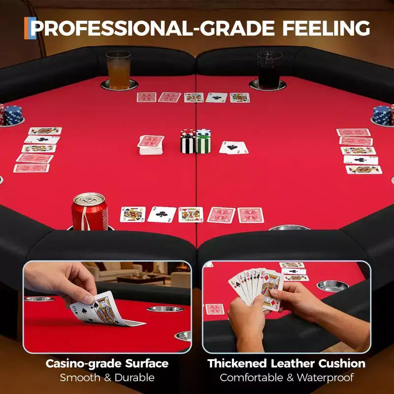 Table de poker octogonale pliante de 48 pouces avec rails rembourrés, porte-gobelets en acier inoxydable, pieds repliables pour 8 joueurs de Texas Hold'em