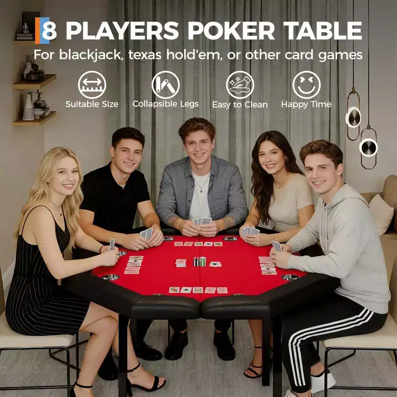 Table de poker octogonale pliante de 48 pouces avec rails rembourrés, porte-gobelets en acier inoxydable, pieds repliables pour 8 joueurs de Texas Hold'em