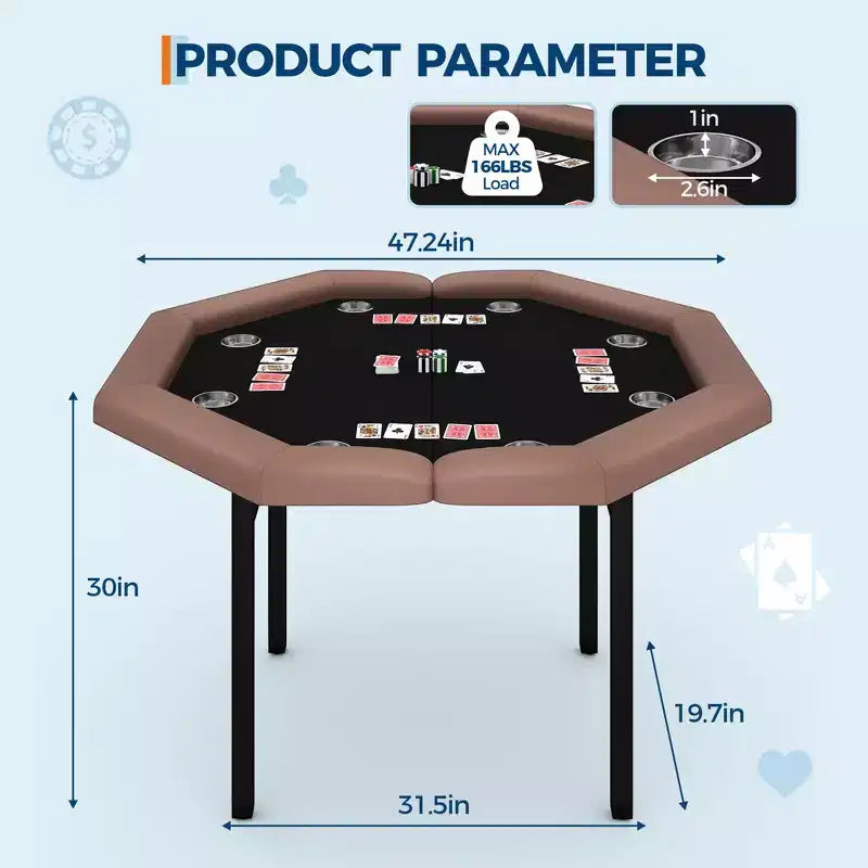 Table de poker octogonale pliante de 48 pouces avec rails rembourrés, porte-gobelets en acier inoxydable, pieds repliables pour 8 joueurs de Texas Hold'em