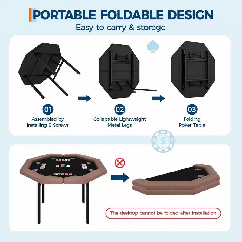 Table de poker octogonale pliante de 48 pouces avec rails rembourrés, porte-gobelets en acier inoxydable, pieds repliables pour 8 joueurs de Texas Hold'em