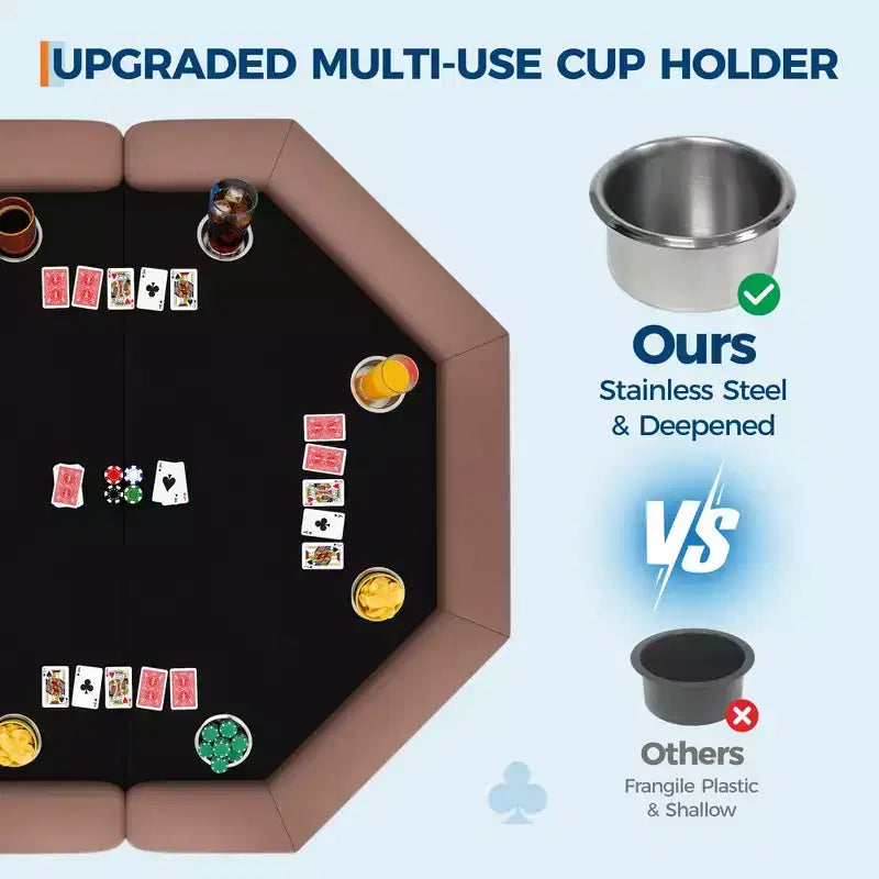 Table de poker octogonale pliante de 48 pouces avec rails rembourrés, porte-gobelets en acier inoxydable, pieds repliables pour 8 joueurs de Texas Hold'em