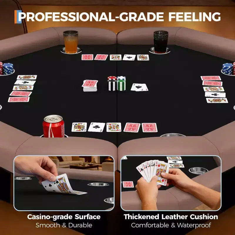Table de poker octogonale pliante de 48 pouces avec rails rembourrés, porte-gobelets en acier inoxydable, pieds repliables pour 8 joueurs de Texas Hold'em