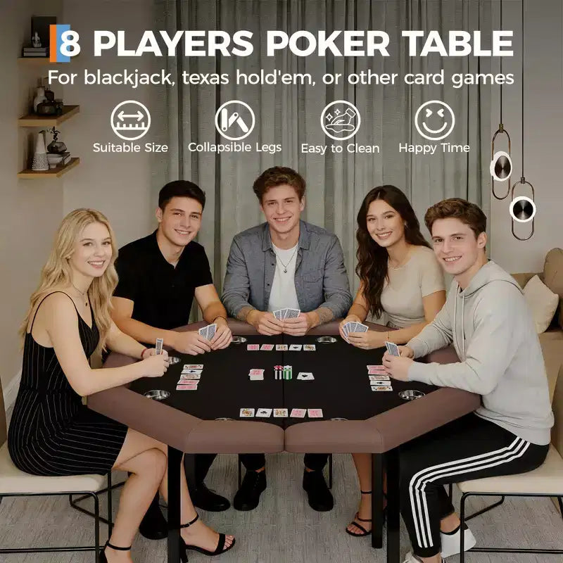 Table de poker octogonale pliante de 48 pouces avec rails rembourrés, porte-gobelets en acier inoxydable, pieds repliables pour 8 joueurs de Texas Hold'em