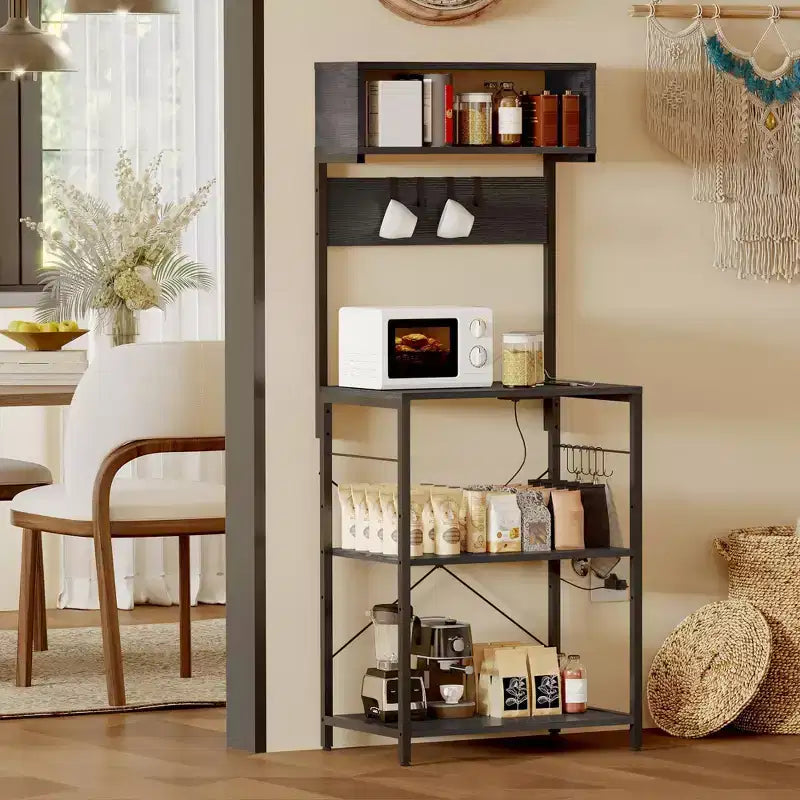 4-Tier Kitchen Baker's Rack, Industrial Microwave Stand with 10 Hooks, Coffee Bar Station & Utility Storage Shelf for Dining Room, Easy Assembly