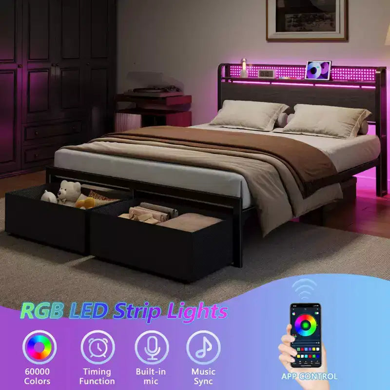 Cadre de lit plateforme Queen avec 2 tiroirs de rangement Tête de lit Lumières LED Station de recharge Métal Bois robuste Pas besoin de sommier Chambre d'amis USB