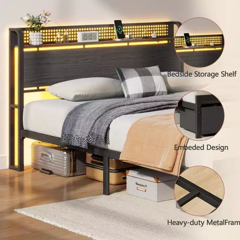 Cadre de lit plateforme Queen avec 2 tiroirs de rangement Tête de lit Lumières LED Station de recharge Métal Bois robuste Pas besoin de sommier Chambre d'amis USB