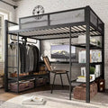 Bellemave Queen Metal Loft Bed with Desk, Storage Shelves & Hanging Rod, Space-Saving Loft Bed Frame with Guardrails & Ladder, No Box Spring, Black
