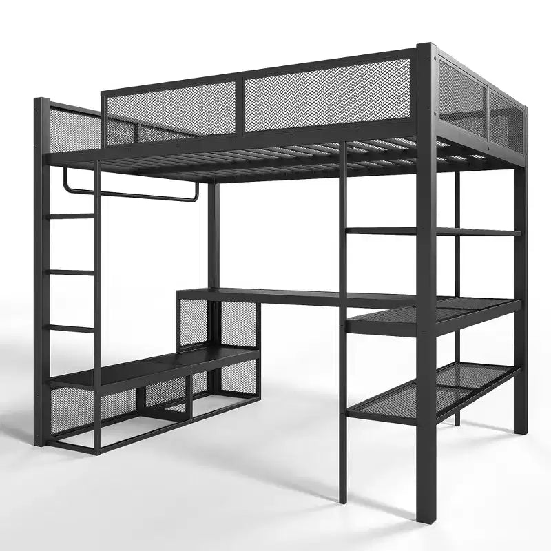 Lit mezzanine Queen en métal avec bureau, étagères de rangement et tringle à vêtements, cadre de lit mezzanine peu encombrant avec garde-corps et échelle, sans sommier tapissier, noir