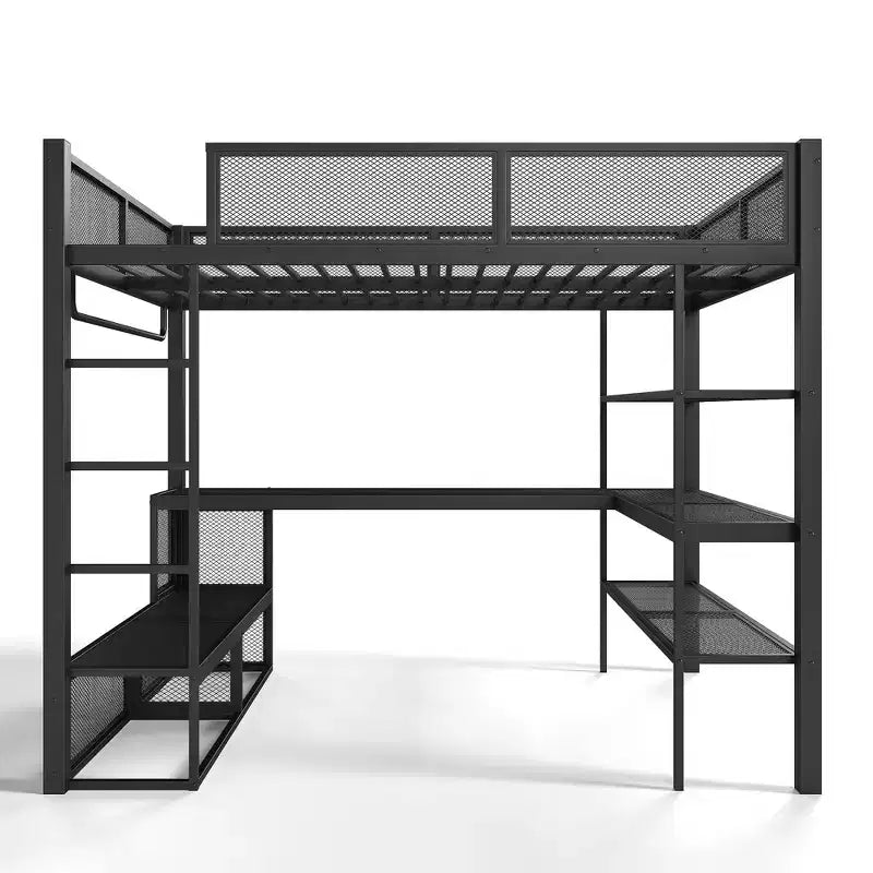 Lit mezzanine Queen en métal avec bureau, étagères de rangement et tringle à vêtements, cadre de lit mezzanine peu encombrant avec garde-corps et échelle, sans sommier tapissier, noir