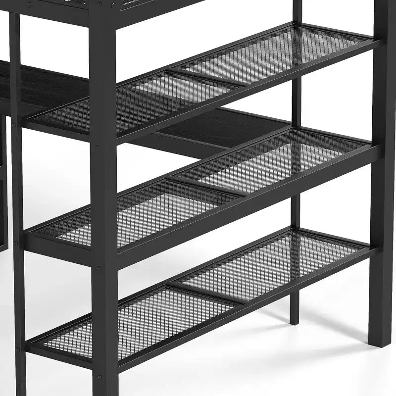Lit mezzanine Queen en métal avec bureau, étagères de rangement et tringle à vêtements, cadre de lit mezzanine peu encombrant avec garde-corps et échelle, sans sommier tapissier, noir