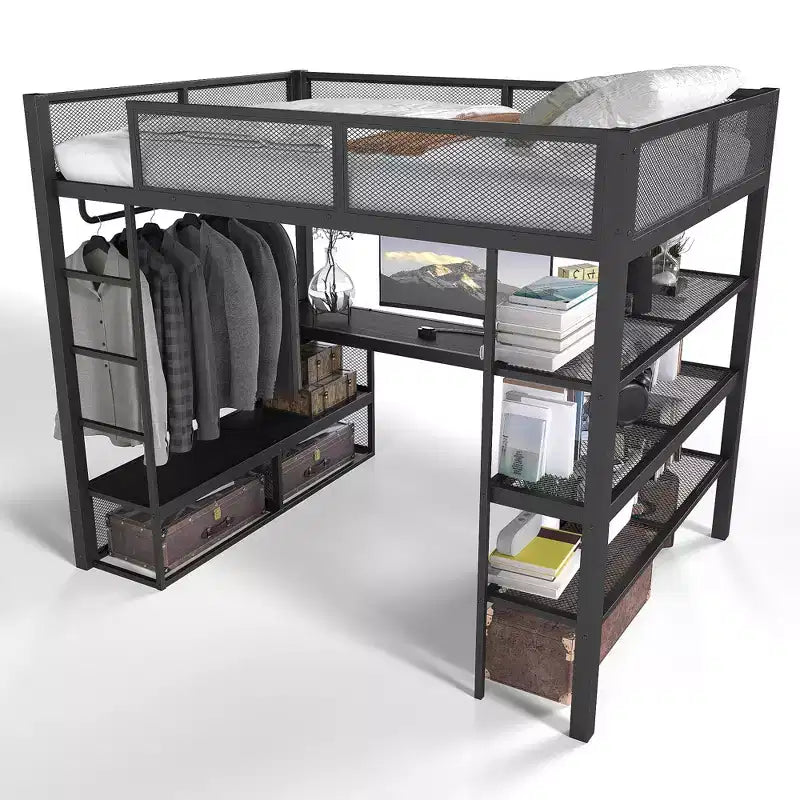 Lit mezzanine Queen en métal avec bureau, étagères de rangement et tringle à vêtements, cadre de lit mezzanine peu encombrant avec garde-corps et échelle, sans sommier tapissier, noir