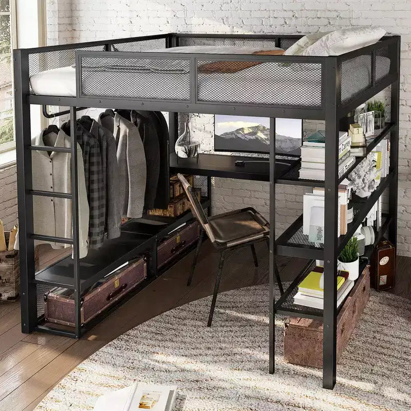 Lit mezzanine Queen en métal avec bureau, étagères de rangement et tringle à vêtements, cadre de lit mezzanine peu encombrant avec garde-corps et échelle, sans sommier tapissier, noir